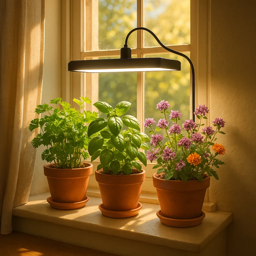 Herbs thriving on a sunny windowsill and under a grow light
