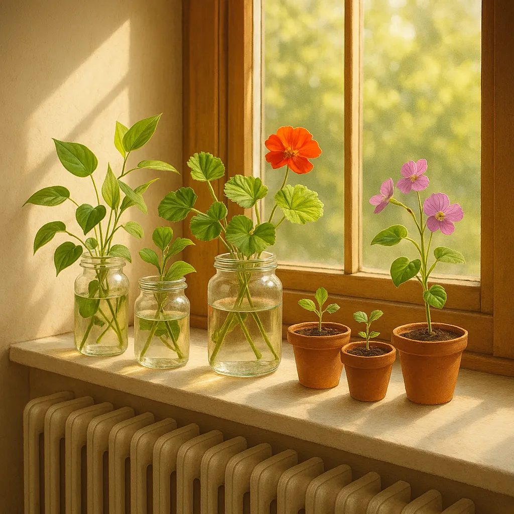 A bright radiator shelf lined with jars of plant cuttings and seedling pots, basking in window light