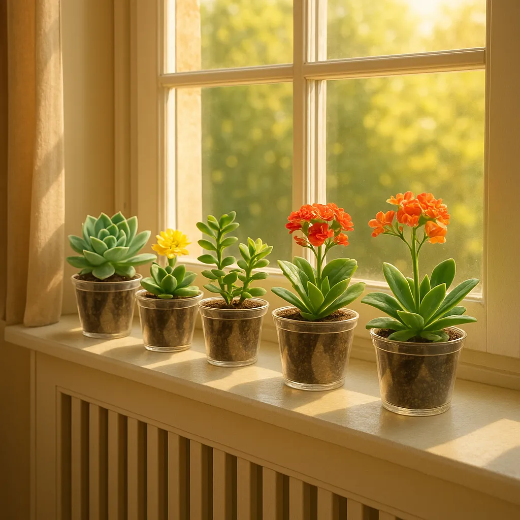 succulents in clear nursery pots on a radiator shelf