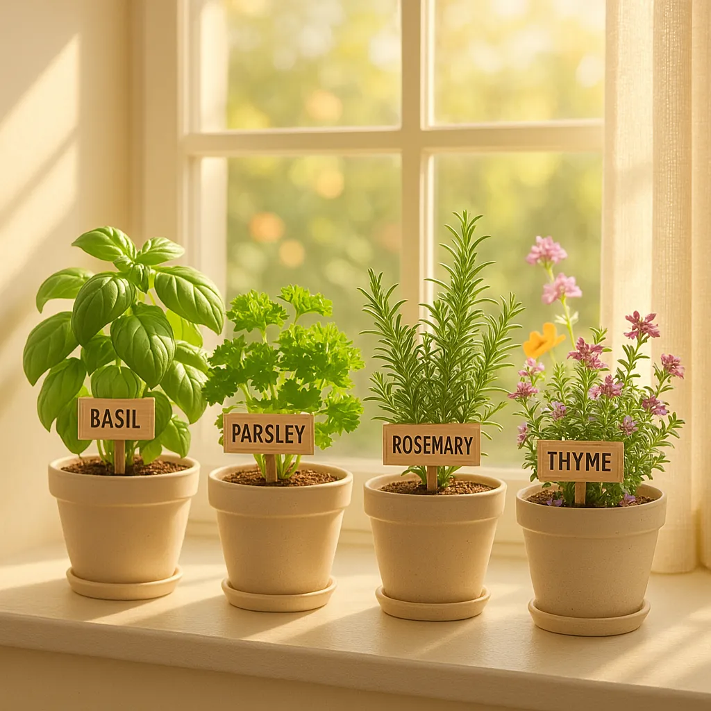 Bright, organized windowsill with herbs in matching pots and neat labels