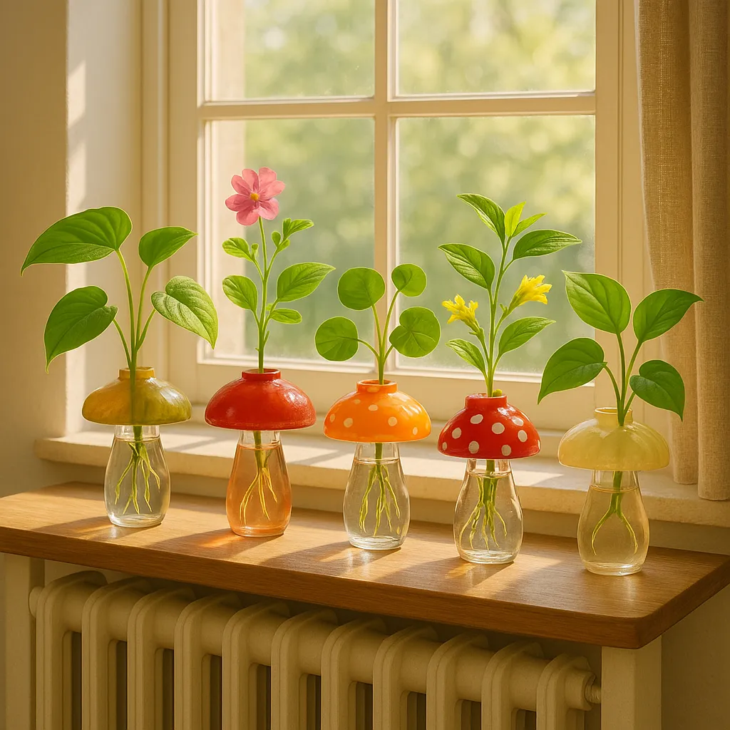 houseplant cuttings rooting in mushroom vases on a radiator shelf