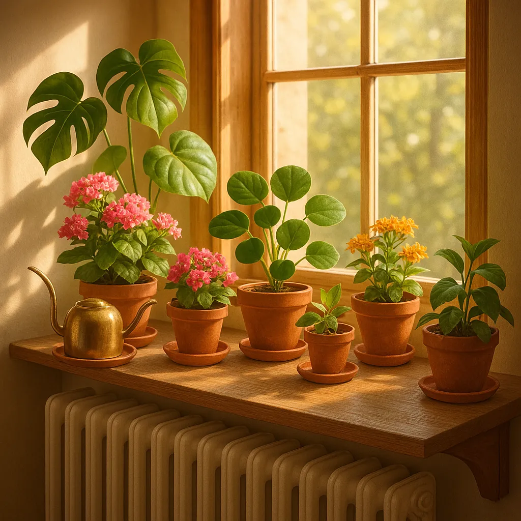 A cozy radiator shelf with grouped plants, saucers, and a watering can