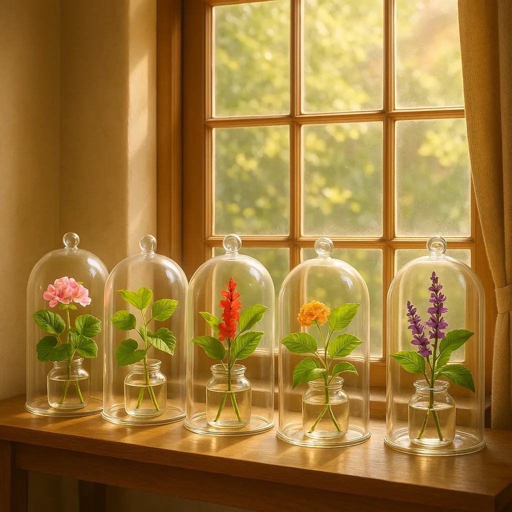 clear propagation domes with cuttings on a shelf