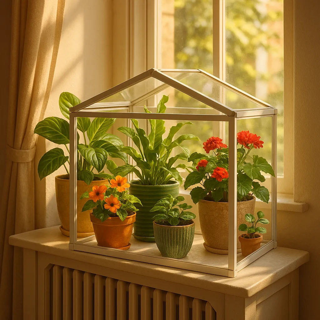 Radiator shelf transformed into a vibrant mini greenhouse with lush plants and stylish pots