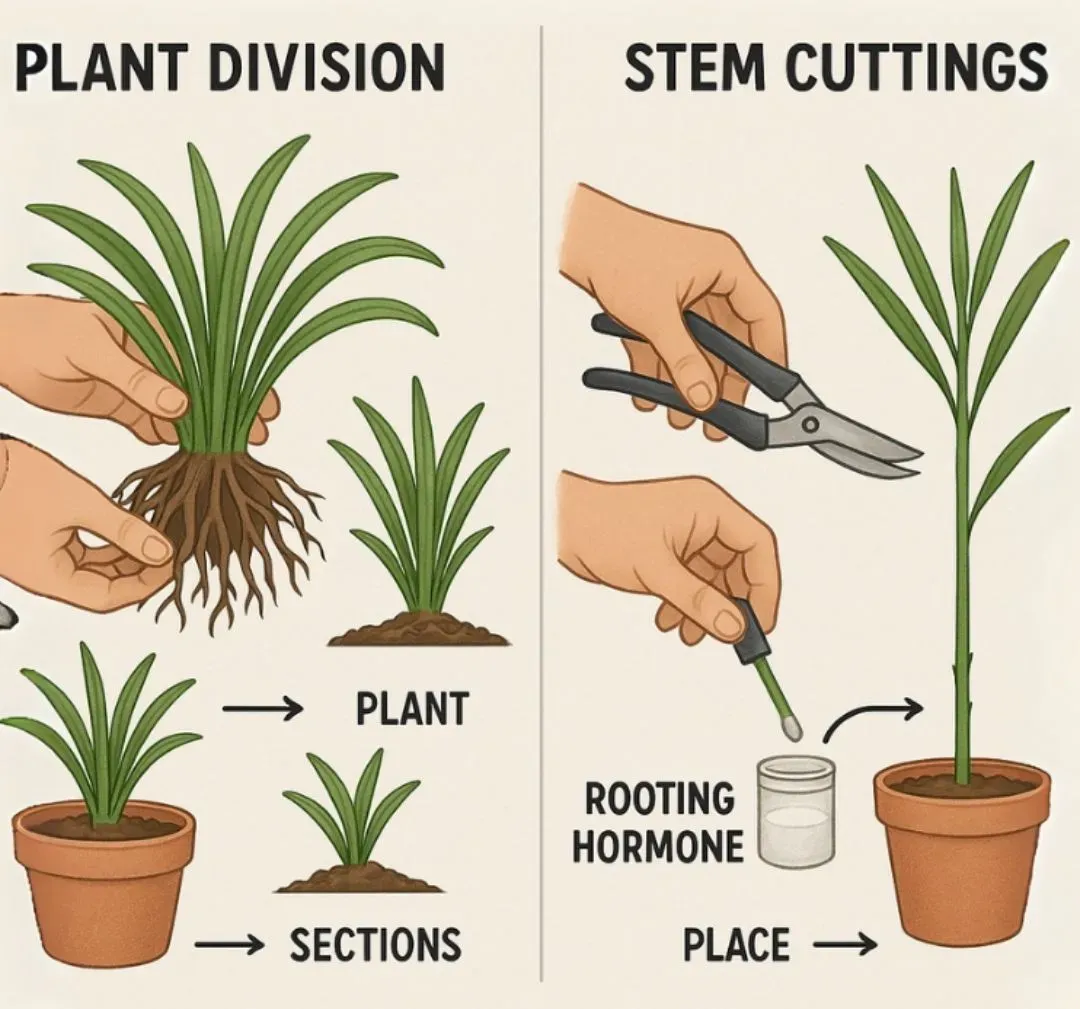 Side-by-side illustration of plant division and stem cuttings propagation methods