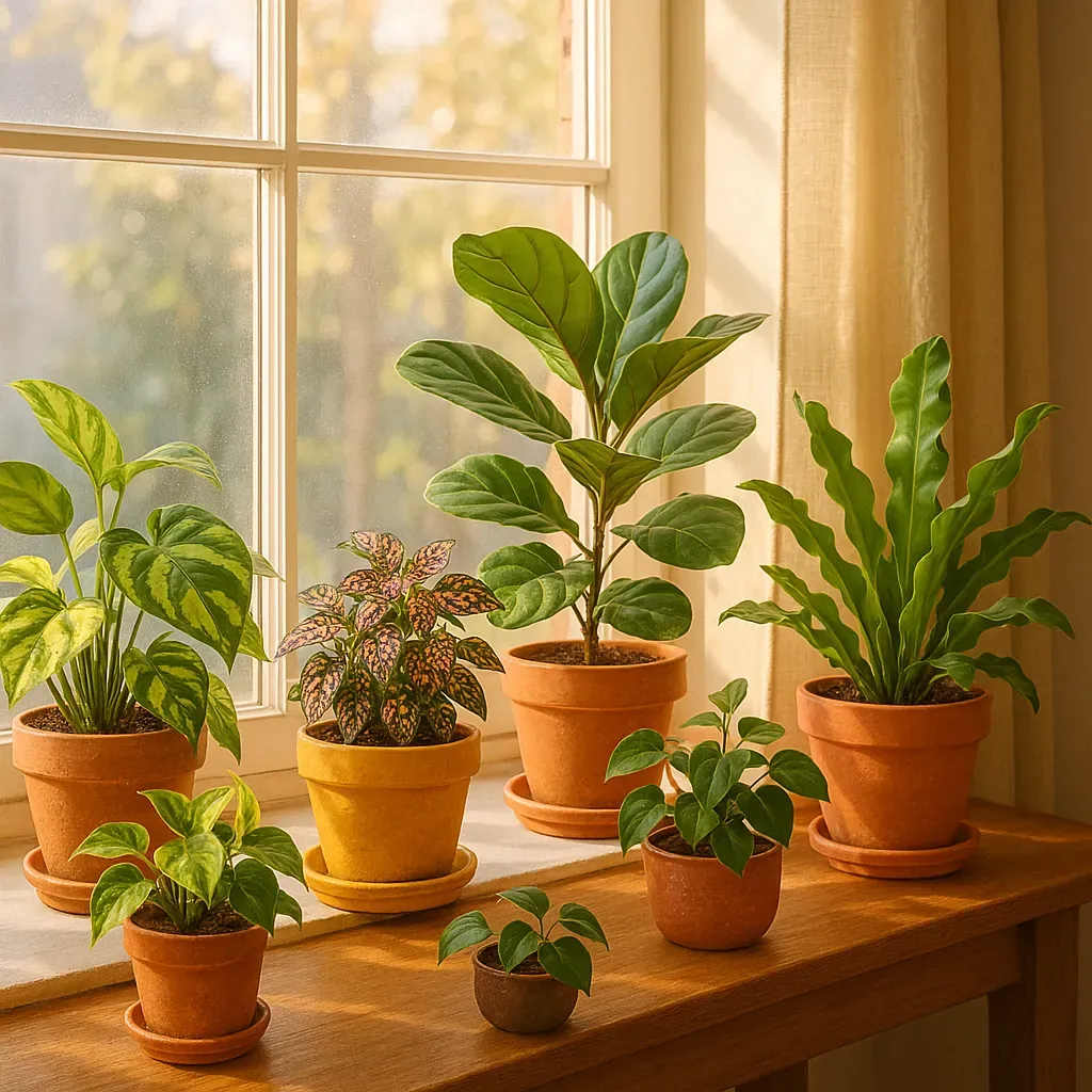 Cozy apartment windowsill with a variety of thriving houseplants, showing a welcoming indoor garden setup