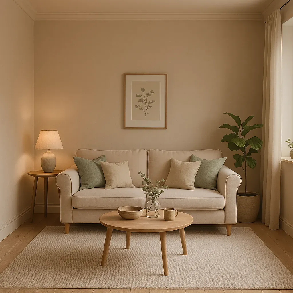 A cozy apartment living room styled in soft neutral tones, with beige walls, a light rug, and subtle green accents.