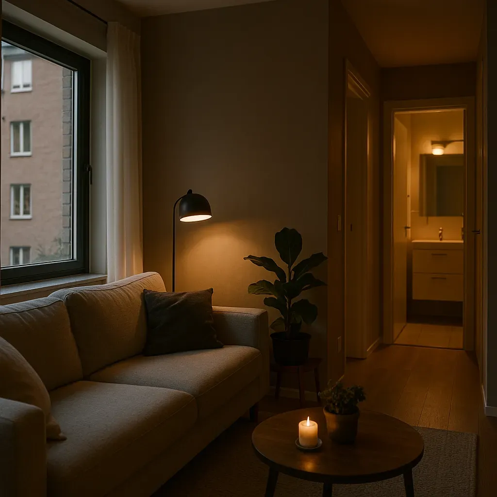 Diagram showing different light levels in a typical apartment, highlighting low-light areas like north-facing windows, hallways, and bathrooms