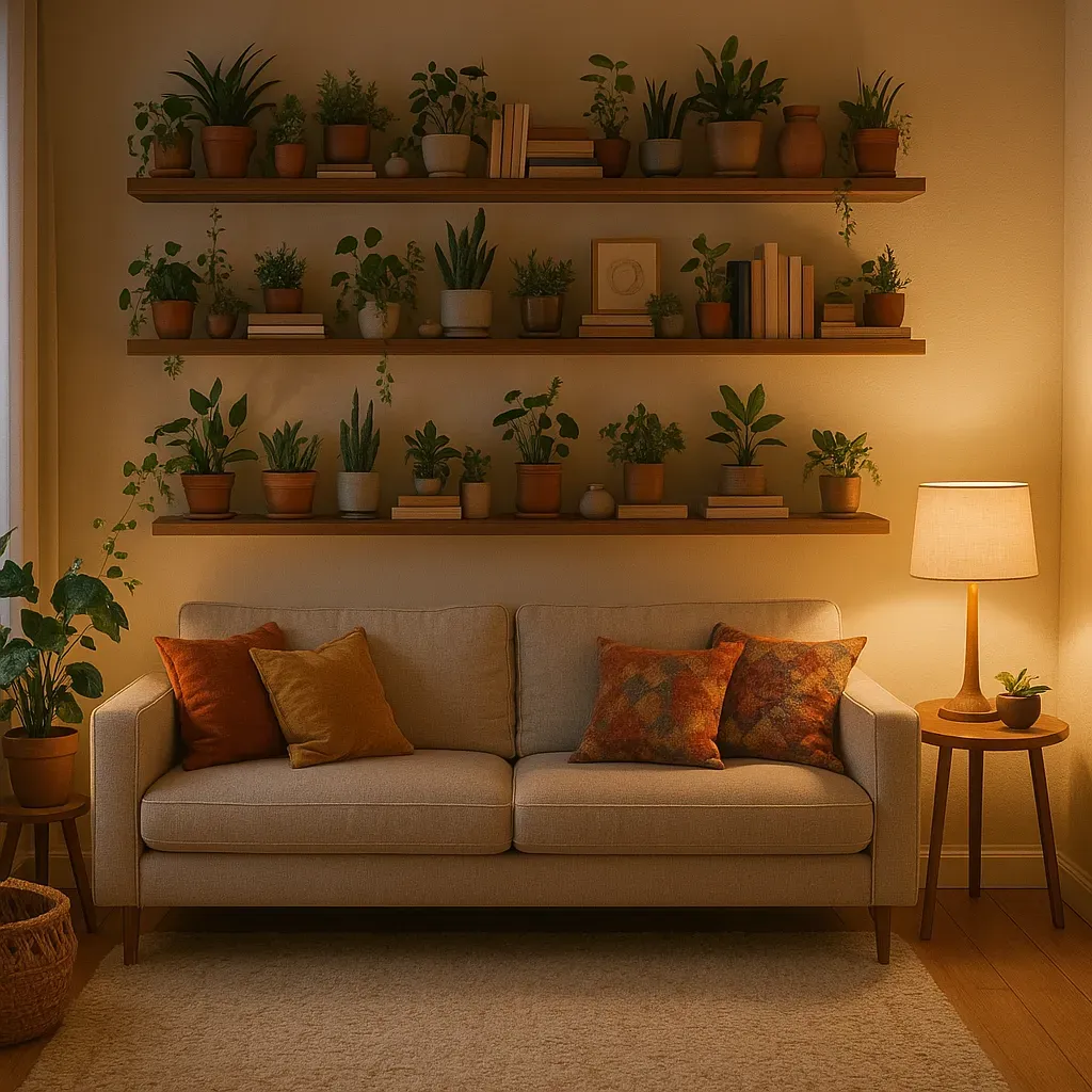 A cozy apartment living room with floating shelves decorated with a variety of small potted plants, books, and accessories, creating a calming and inviting atmosphere
