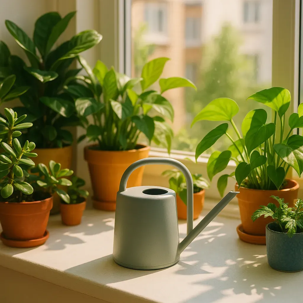 A small, modern indoor watering can on a windowsill surrounded by houseplants in a bright apartment