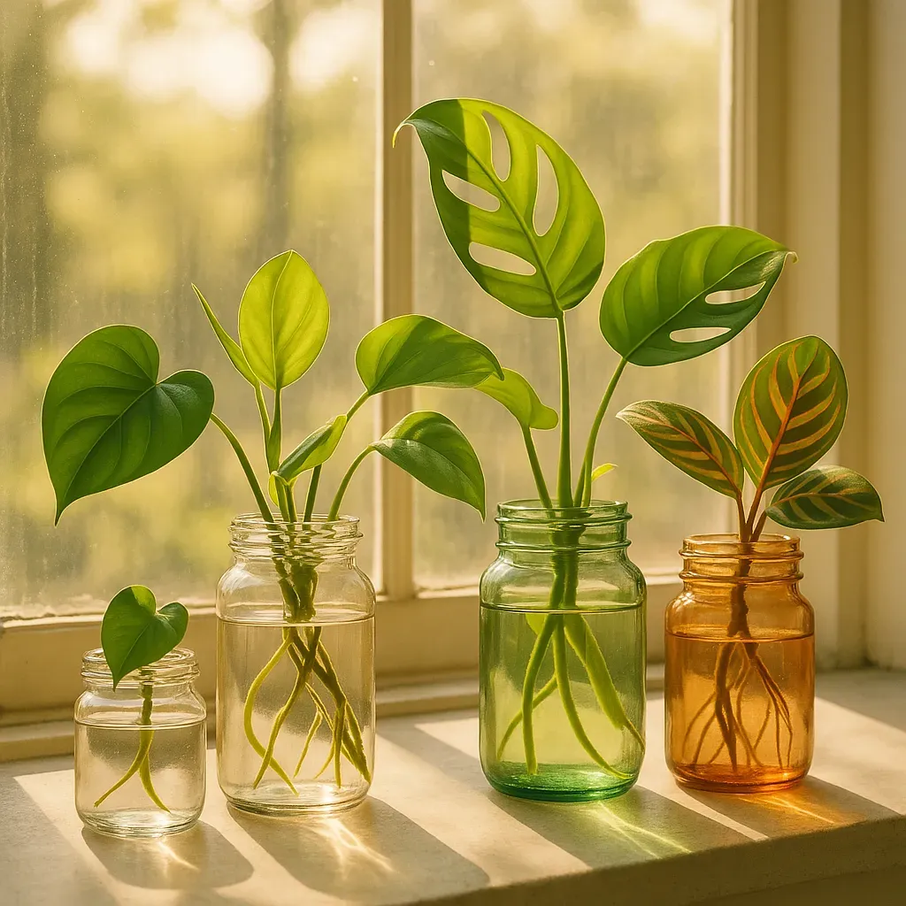 A variety of houseplant cuttings rooting in clear glass jars on a sunny windowsill