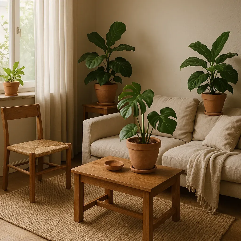 A collection of natural materials and textures in a small apartment: wood, linen, jute, terracotta pots, and lush green houseplants.
