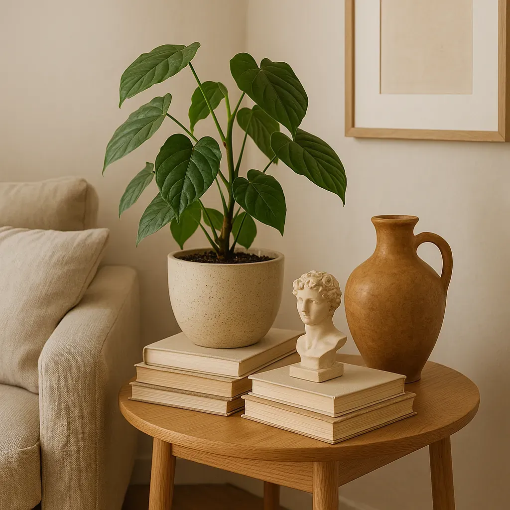 A styled side table with a leafy plant, stacked books, a ceramic vase, and a small bust sculpture, showing layered decor in a small apartment