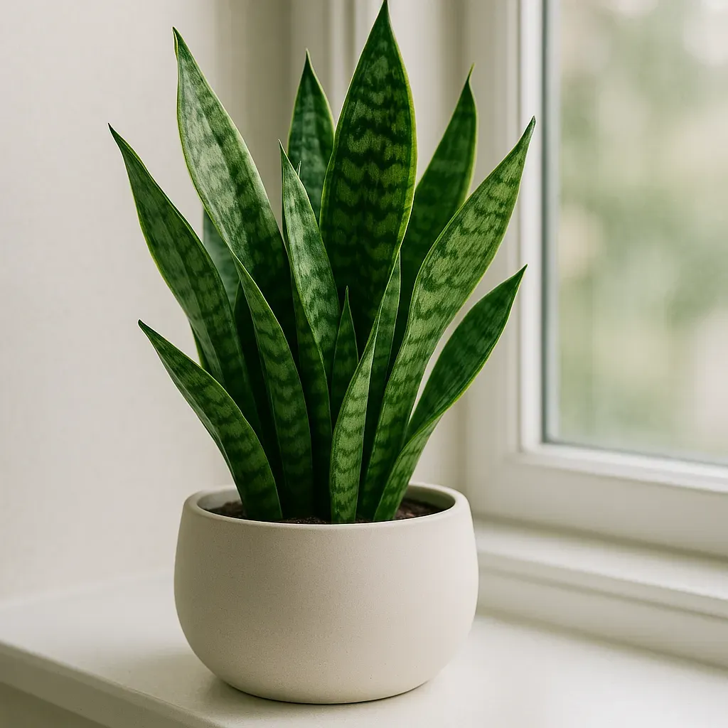 Close-up of a healthy snake plant (Sansevieria) in a modern ceramic pot on a windowsill