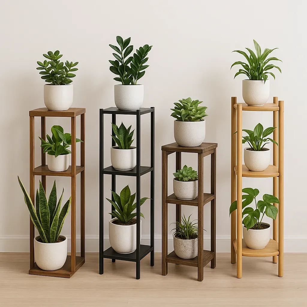 A selection of compact, multi-tiered plant stands in different materials and styles, ideal for small apartments