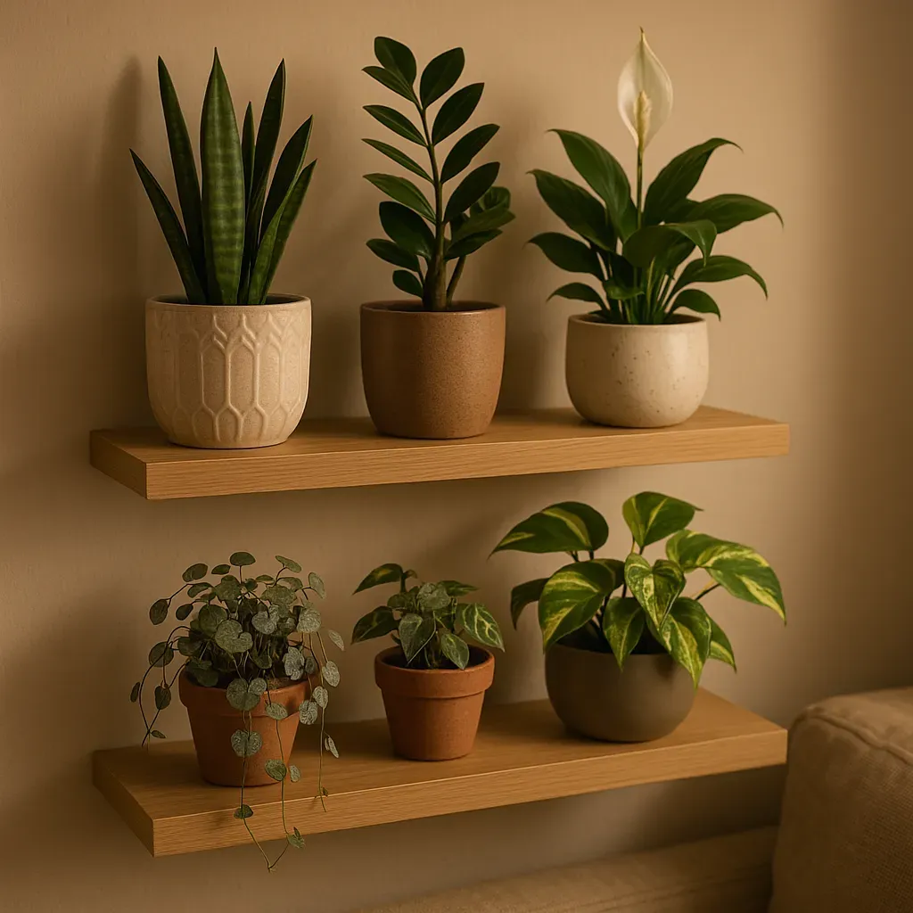 A selection of compact and trailing houseplants suitable for shelves, including snake plant, ZZ plant, peace lily, string of hearts, and pothos, arranged in small pots