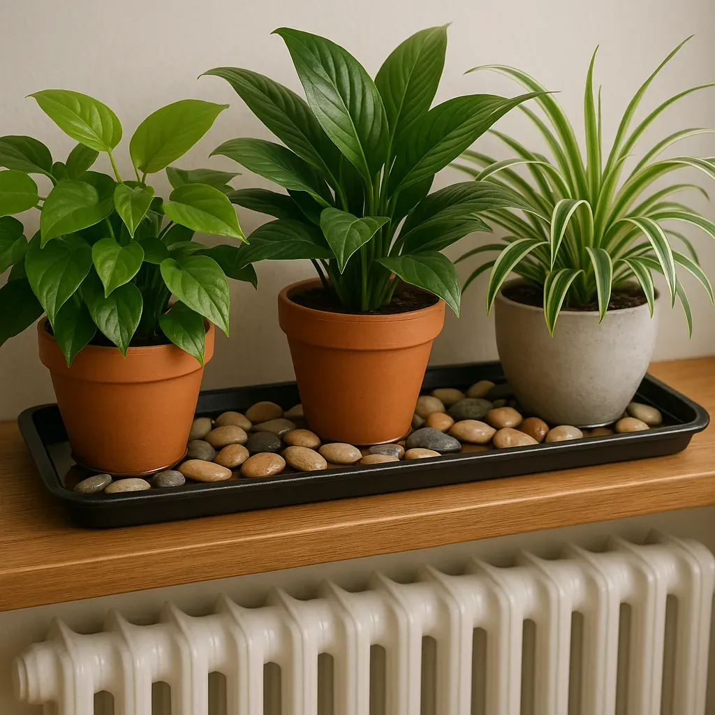 Close-up photo of a radiator shelf with potted plants, showing a tray with pebbles and water under the pots to protect from heat