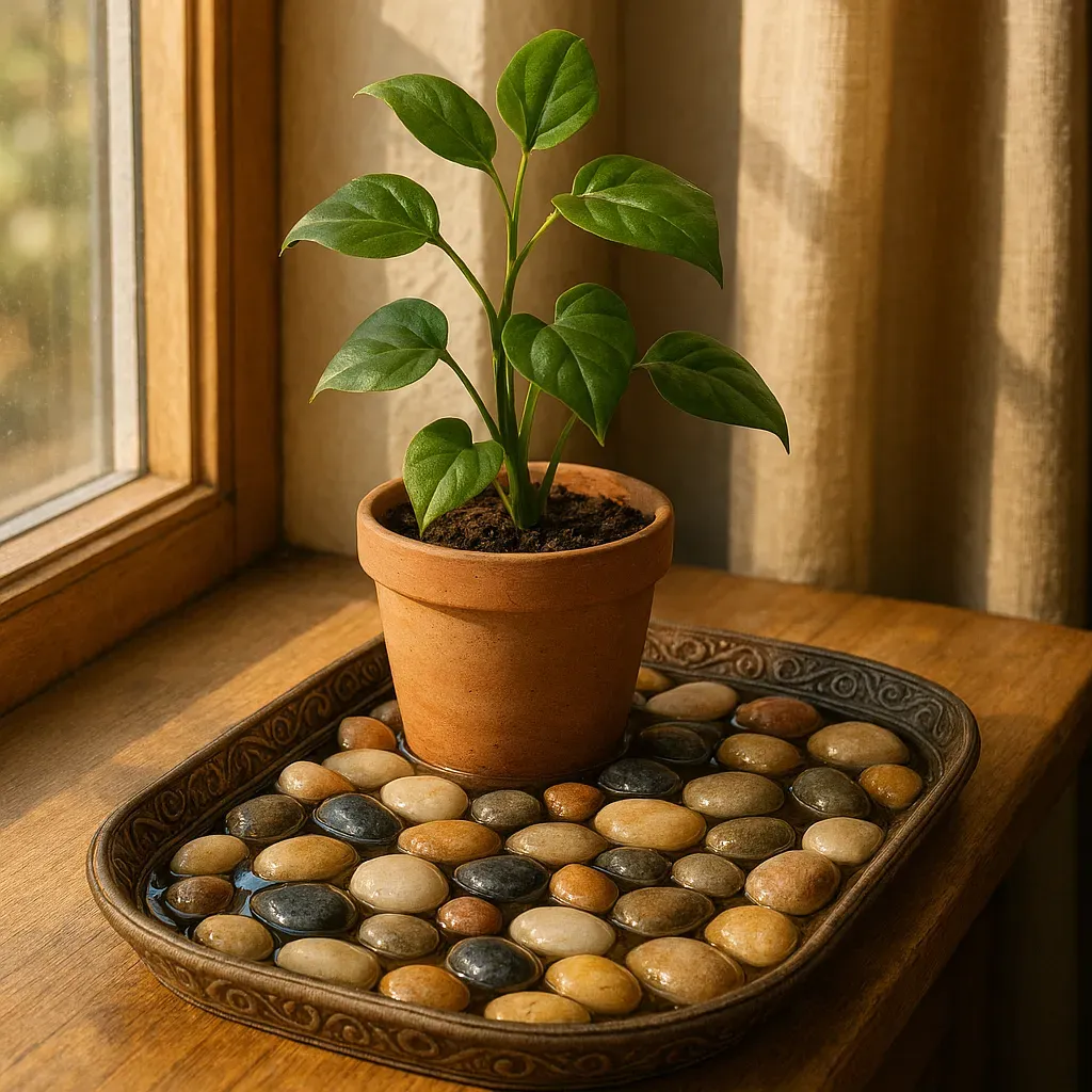 DIY pebble tray under a houseplant on a windowsill, showing pebbles and water in a decorative tray