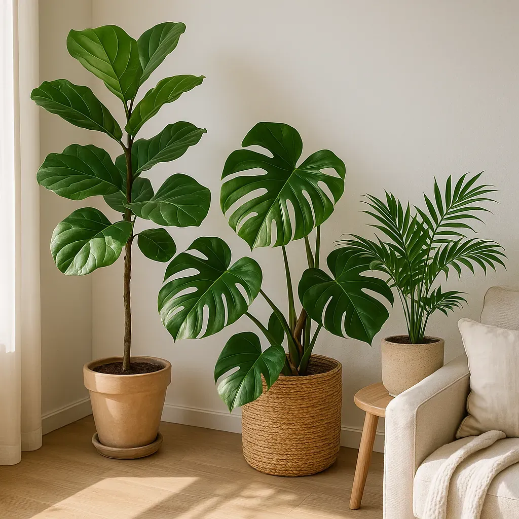 Bold green plants displayed against a neutral-toned interior with white walls, beige textiles, and natural wood accents