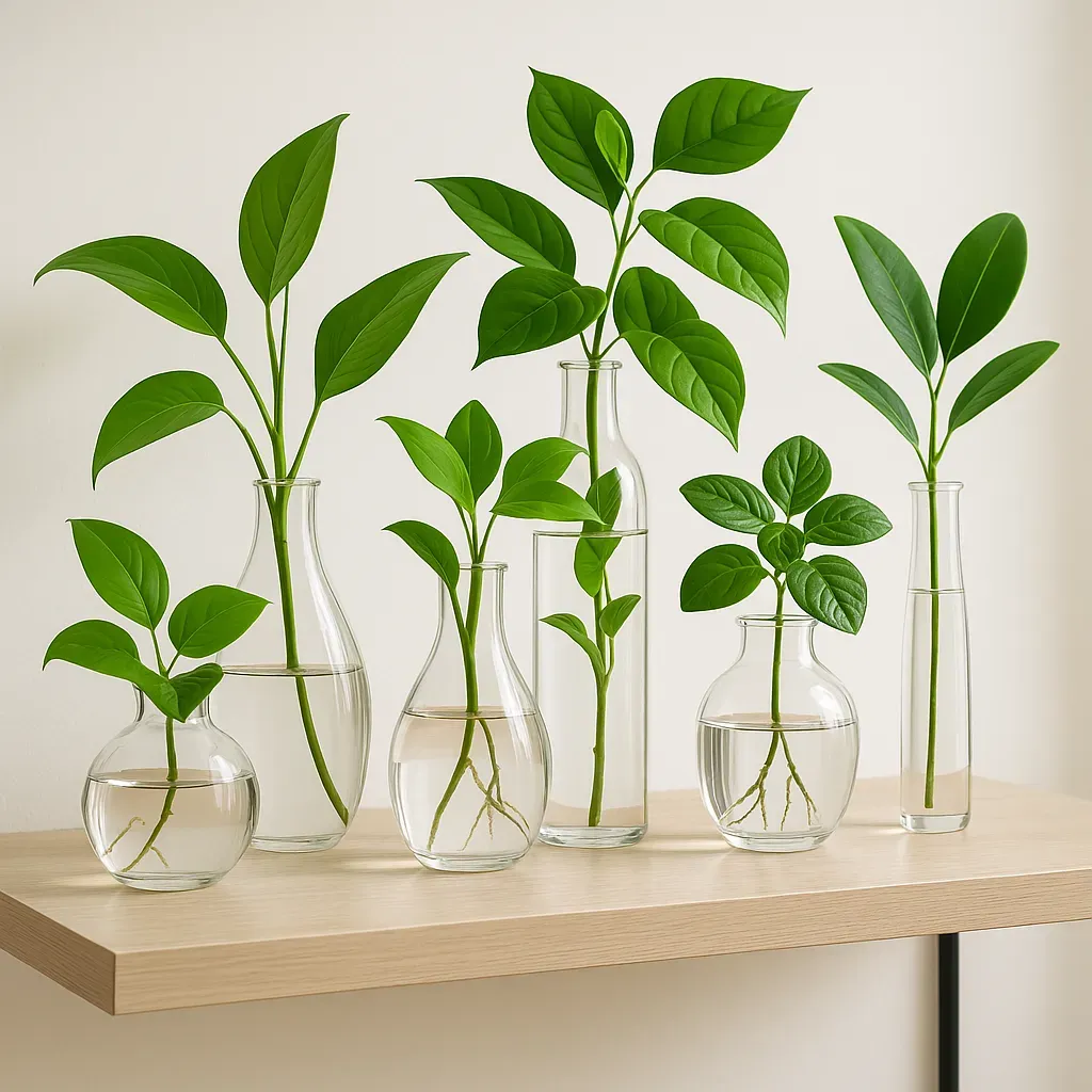 A flat lay of water propagation tools: glass jars, plant snips, labels, and cuttings