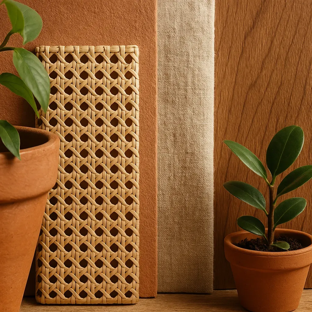 Close-up of layered textures: terracotta, rattan, linen, and wood with houseplants