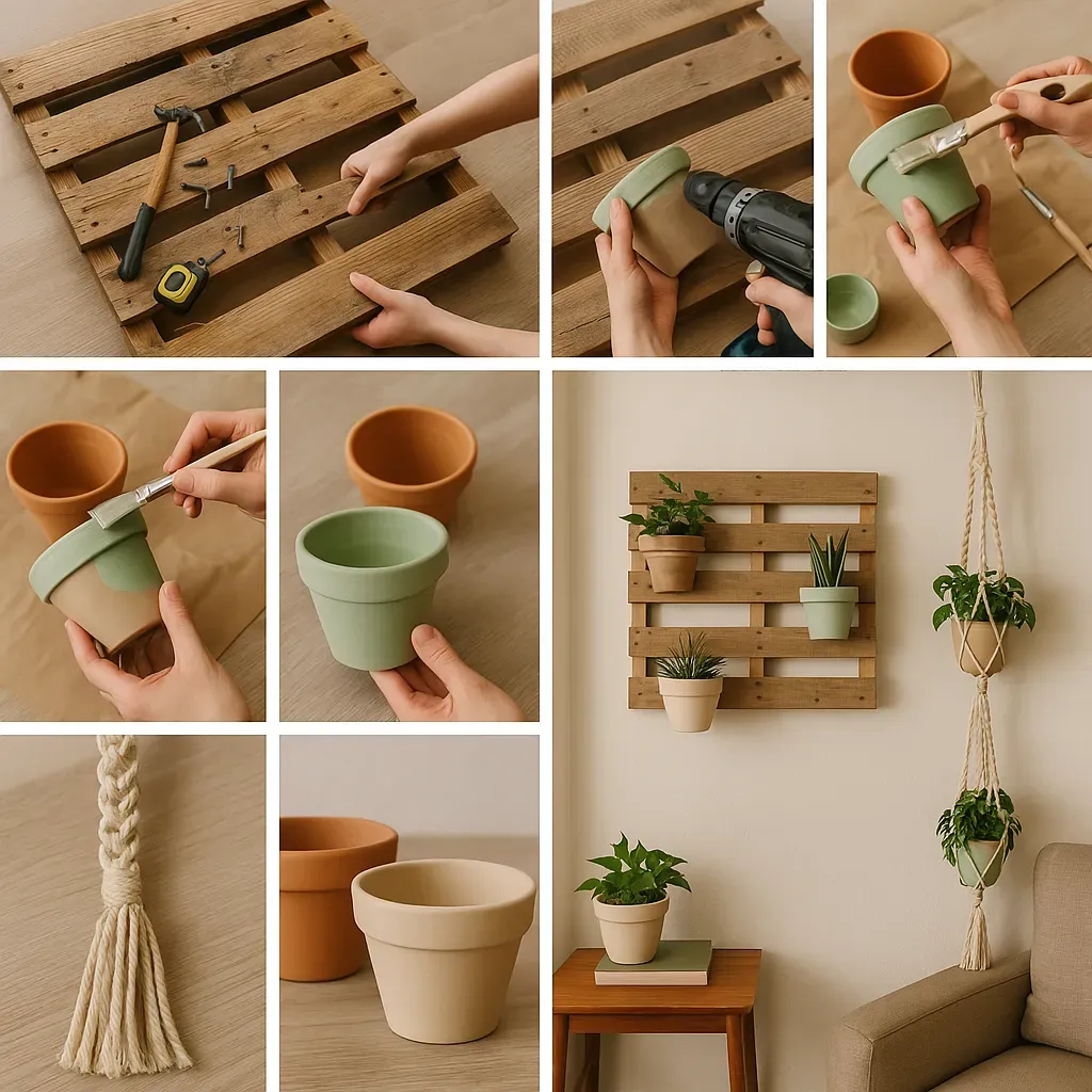 Step-by-step collage of DIY pallet plant shelves, thrifted pot painting, and macramé plant hangers in a small apartment