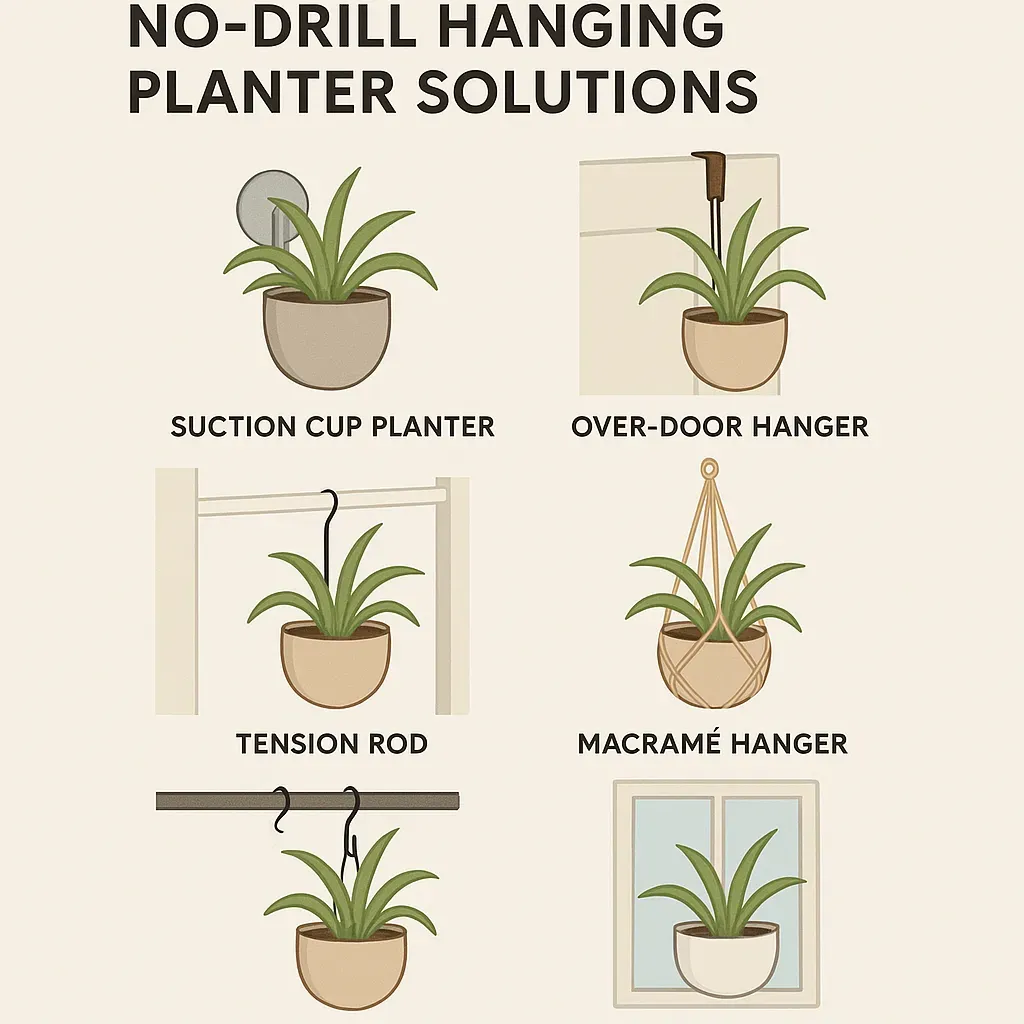 A visual guide showing six types of no-drill hanging planter solutions, including suction cup planters, over-door hangers, tension rods, macramé hangers, S-hooks, and magnetic window planters