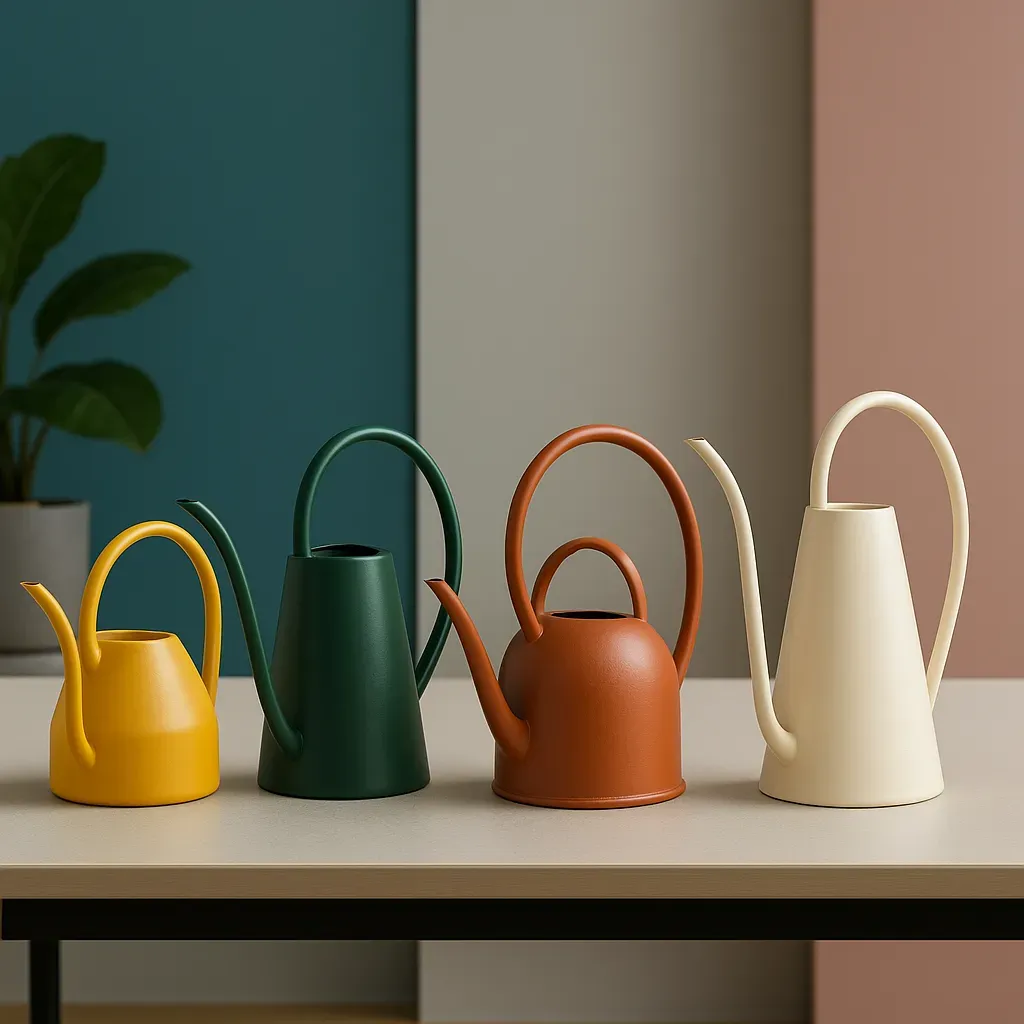 Comparison of four stylish indoor watering cans on a table, each with different shapes, colors, and spout designs