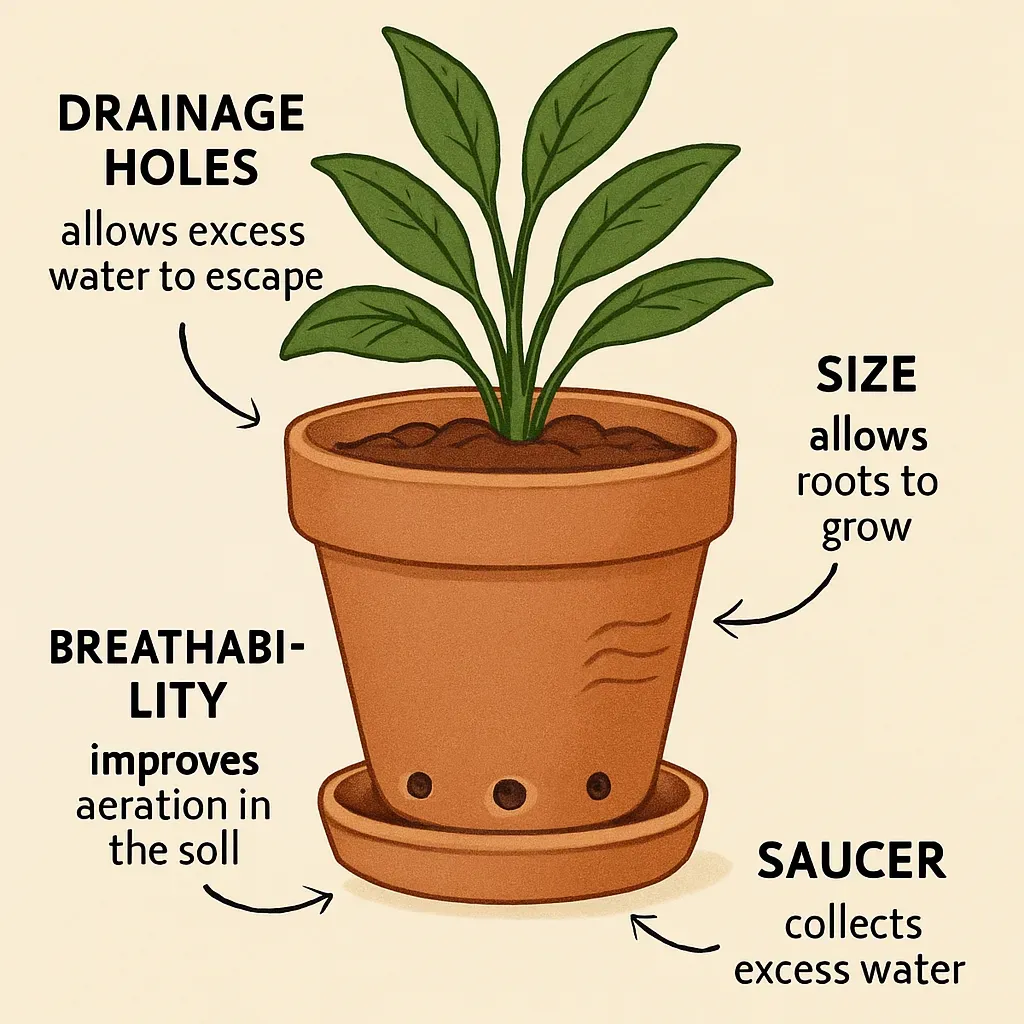 Diagram showing plant pot features: drainage holes, breathability, size, and saucer