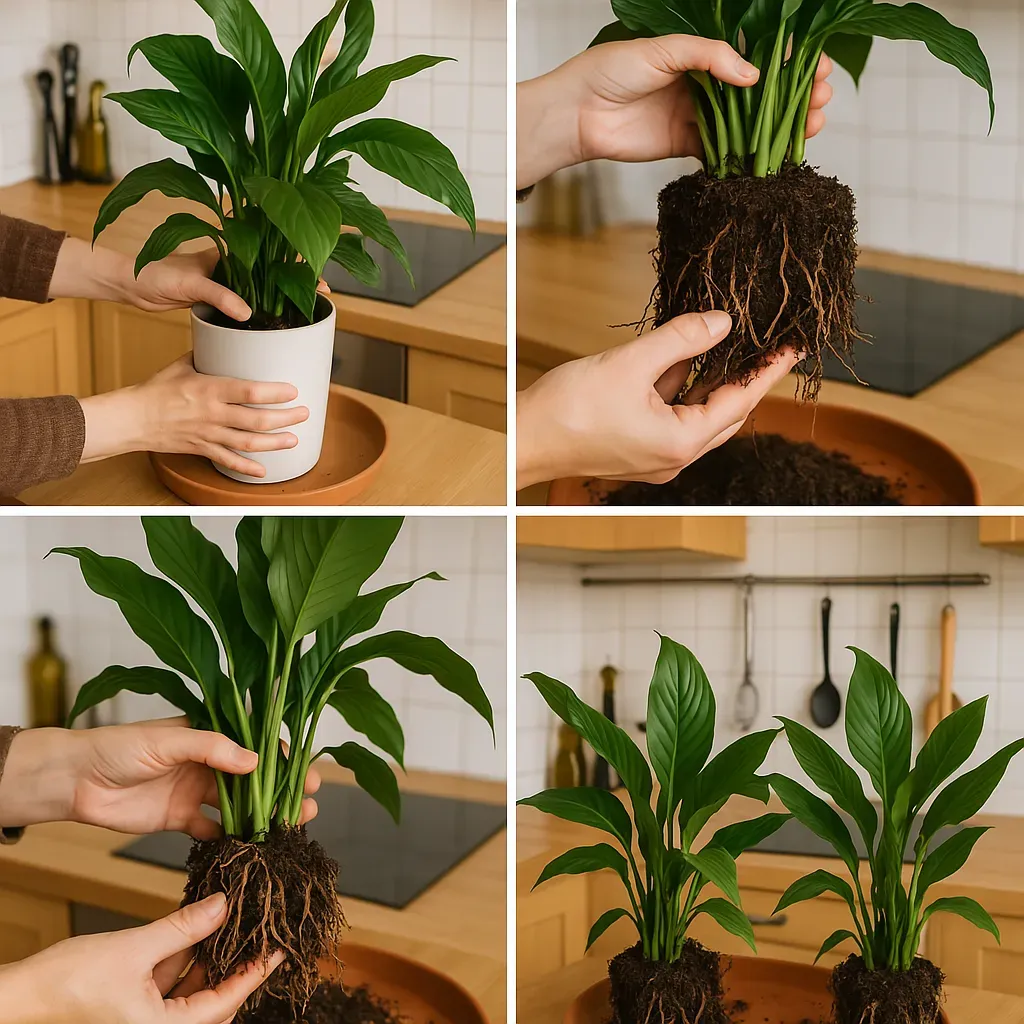 Step-by-step photo collage of dividing a peace lily plant in a small kitchen