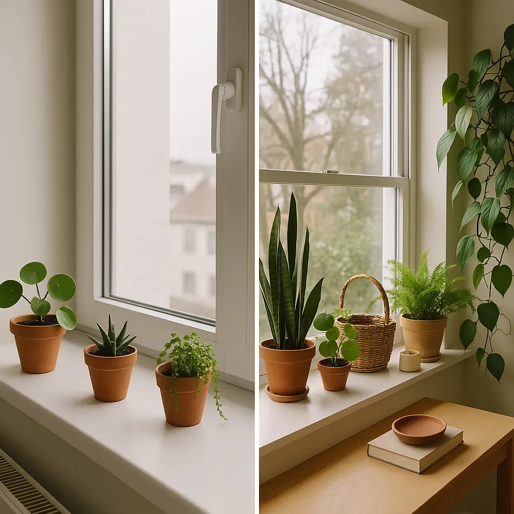 Side-by-side comparison of a narrow windowsill with small pots and a deep windowsill with layered plants and decor