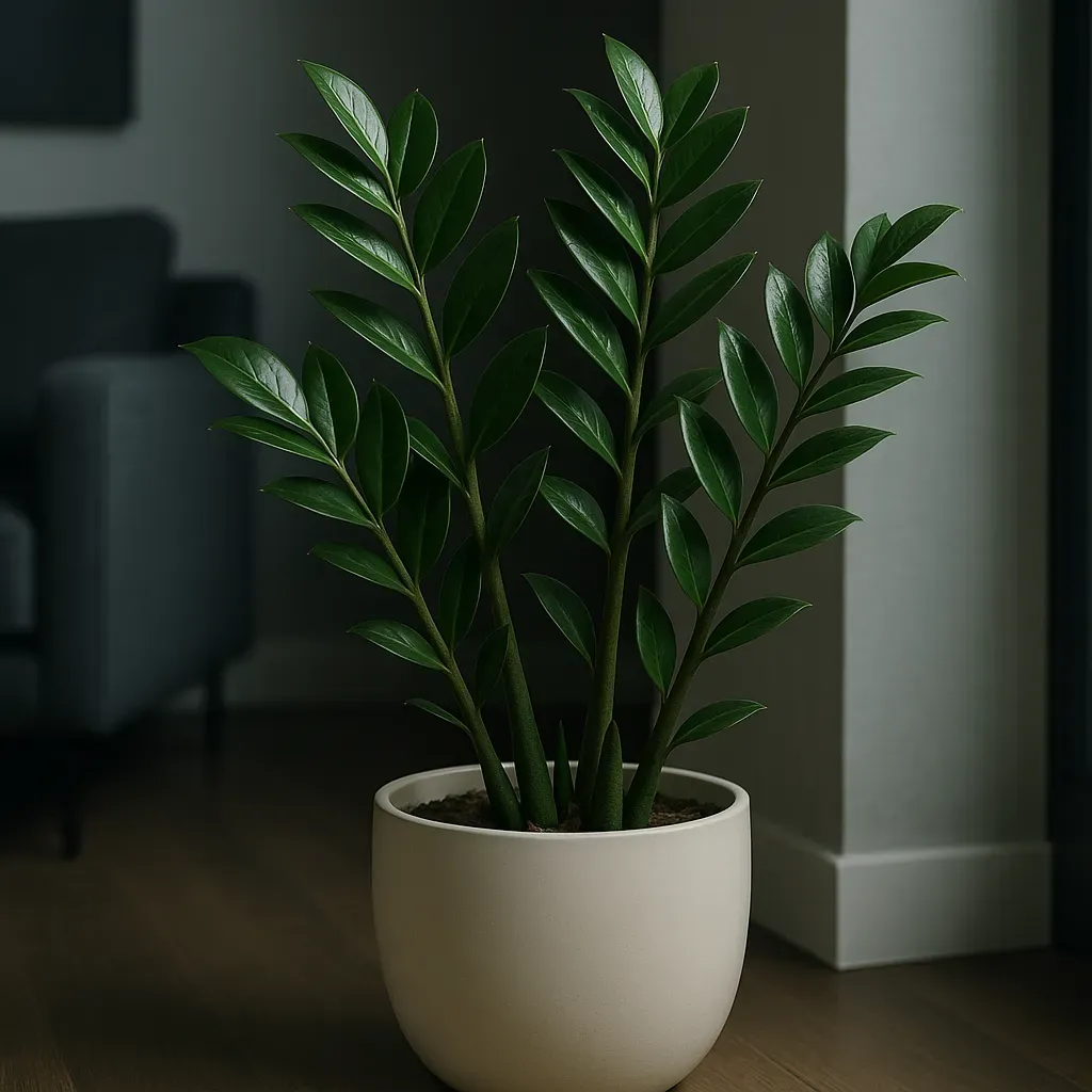 Close-up photo of a healthy ZZ plant in a minimalist ceramic pot, placed in a low-light corner of a modern apartment