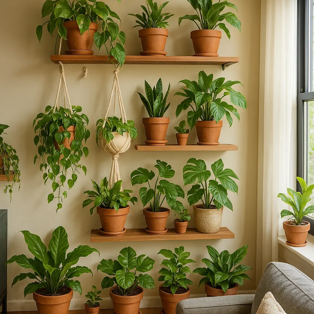 Vertical plant display in a small apartment, featuring wall-mounted shelves, macramé hangers, and grouped potted plants