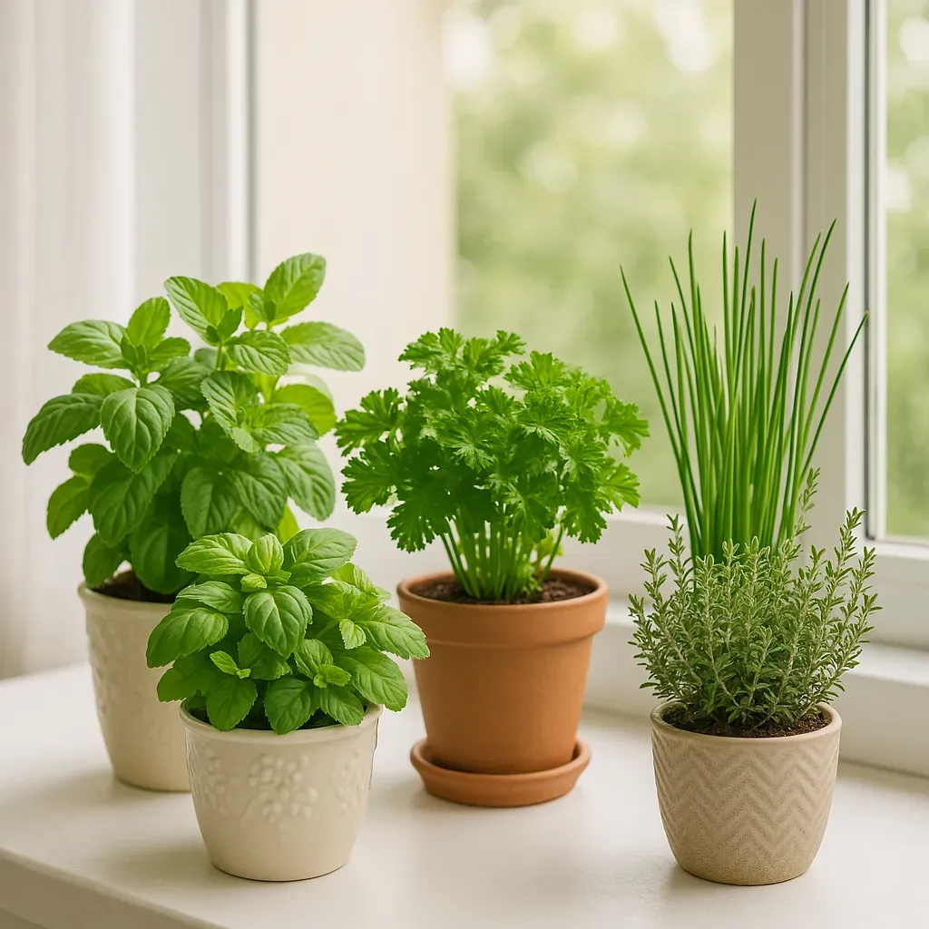 Selection of easy-to-grow herbs for apartments: basil, mint, parsley, chives, and thyme in small pots