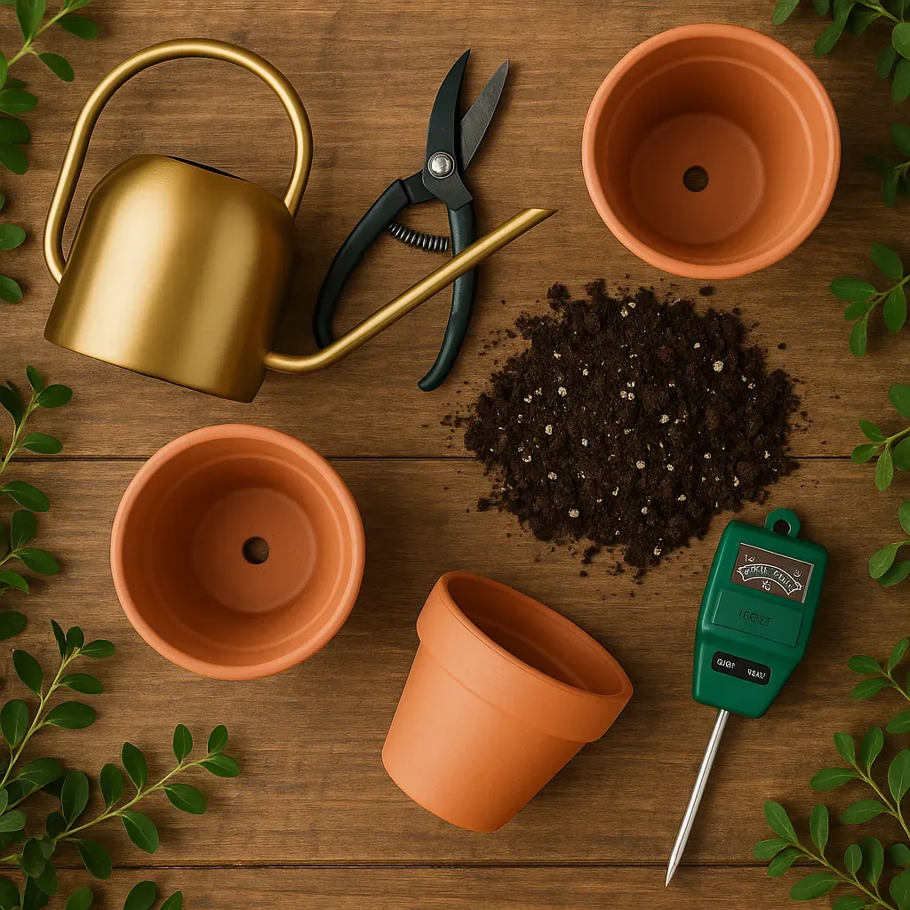 Flat lay of essential indoor gardening tools: watering can, pruning shears, pots with drainage, potting mix, and moisture meter