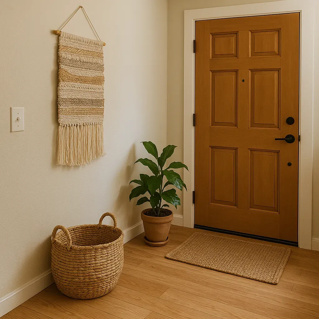 Apartment entryway with seagrass basket, woven wall hanging, and potted plant