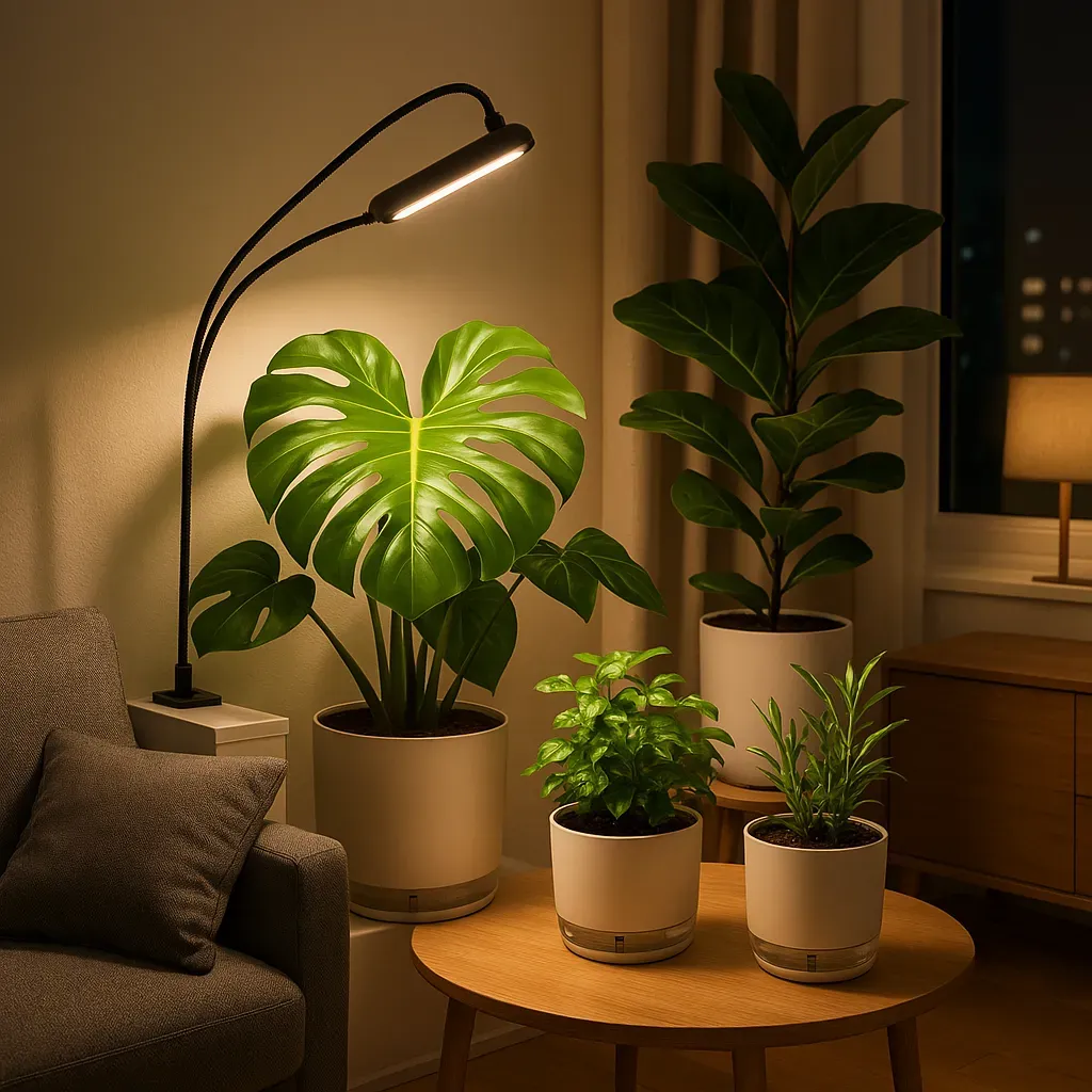 Modern apartment corner with thriving plants, a clip-on grow light, and self-watering planters