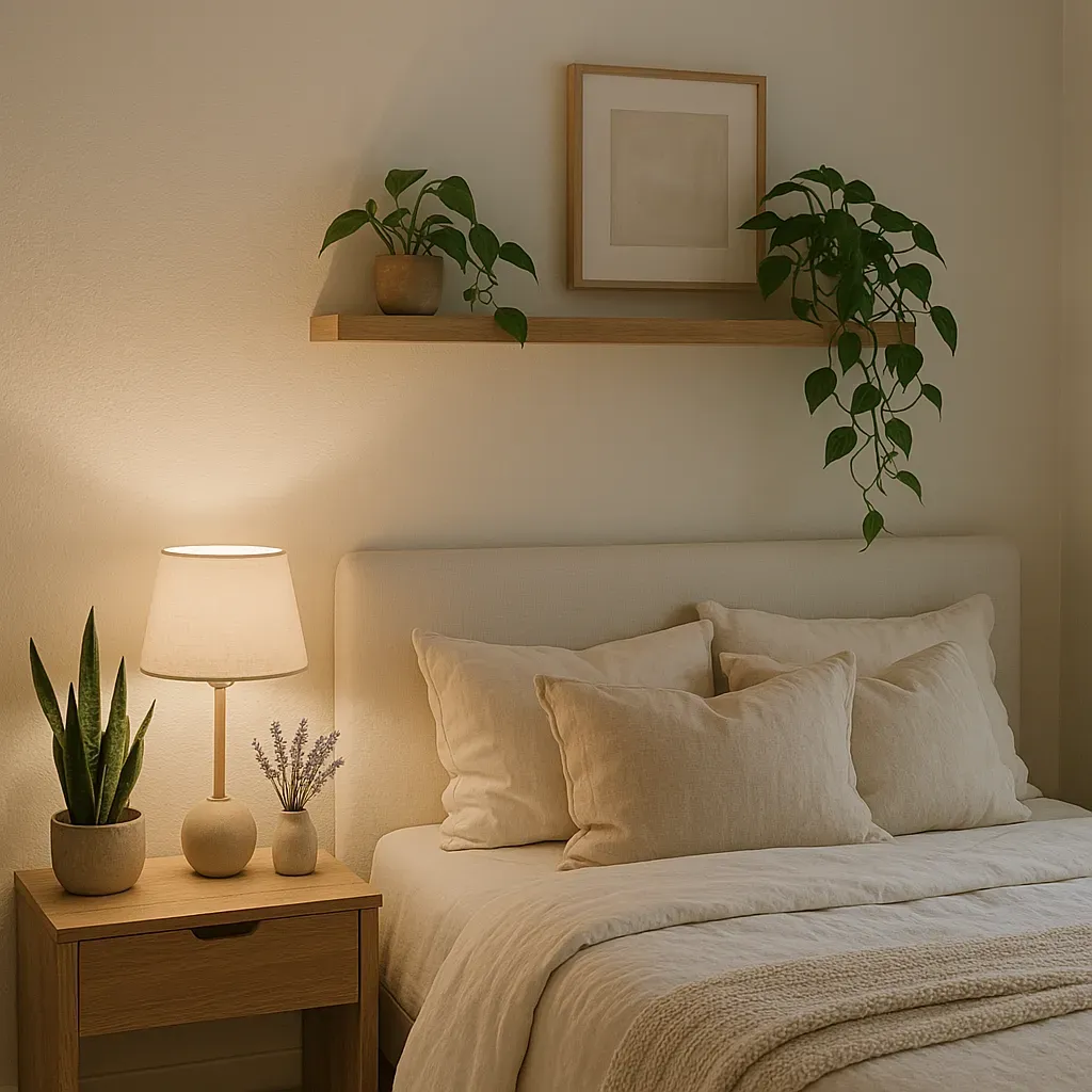 Bedroom with a bedside table featuring a snake plant and lavender, a floating shelf with trailing pothos, and soft, calming decor