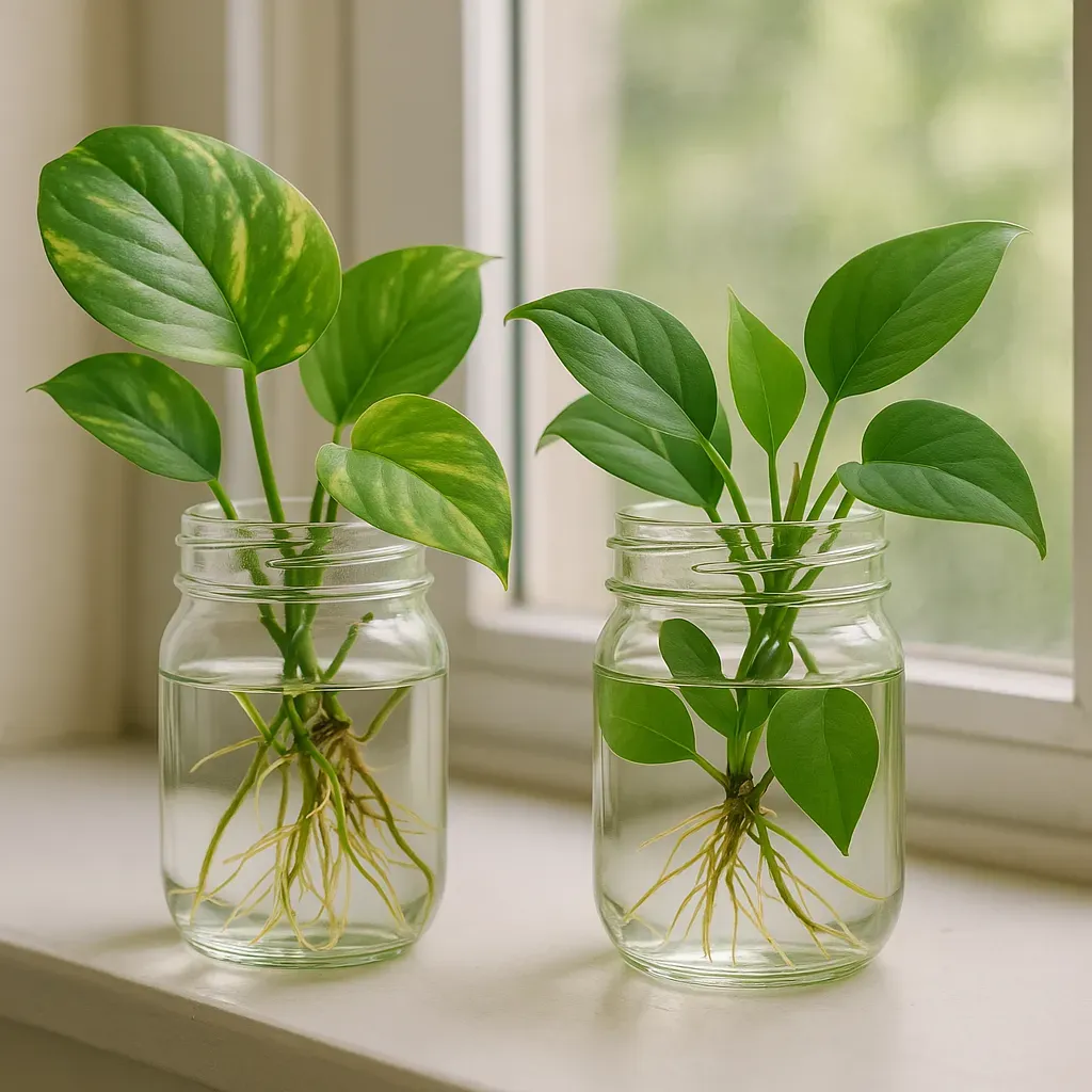 Close-up photo of pothos and philodendron cuttings rooting in glass jars on a windowsill