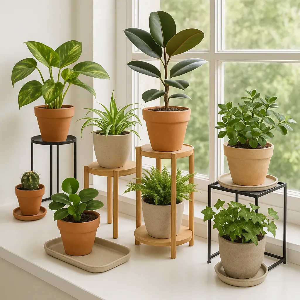 A variety of plant risers, trays, and tiered shelves displaying plants on a windowsill, showing different ways to add height and structure