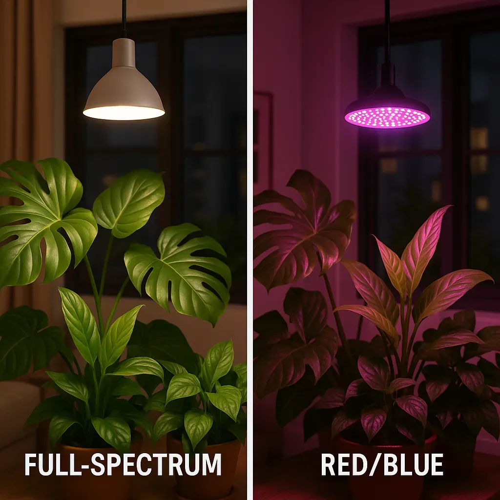 Side-by-side comparison of full-spectrum and red/blue LED grow lights on houseplants