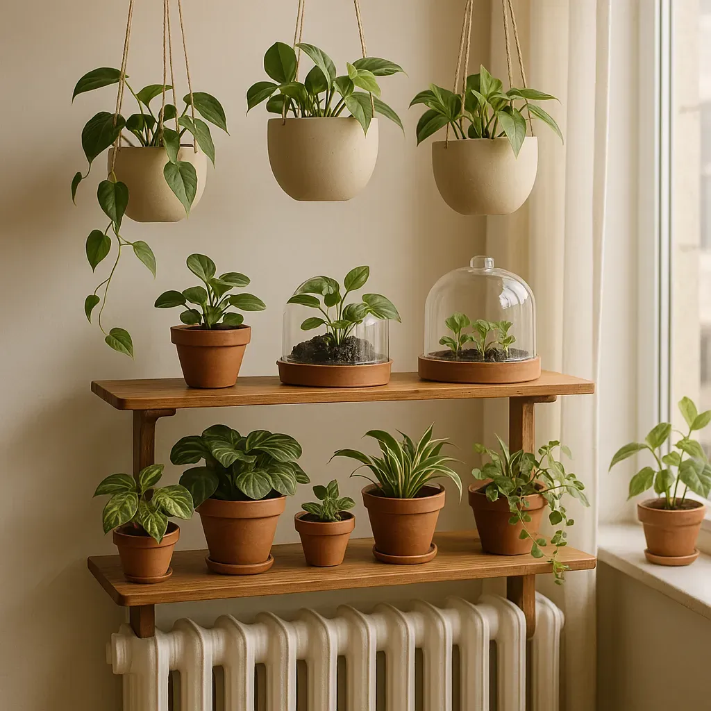 Radiator shelf with tiered trays, propagation domes, and hanging planters, showing creative use of vertical space in a small apartment