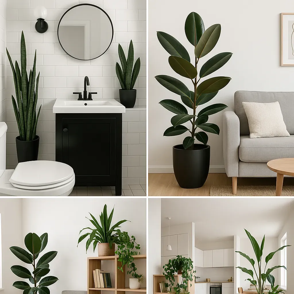 Collage of small-space plant styling: a monochrome bathroom with snake plants, a compact living room with a statement rubber plant, and an open-plan flat with plant dividers