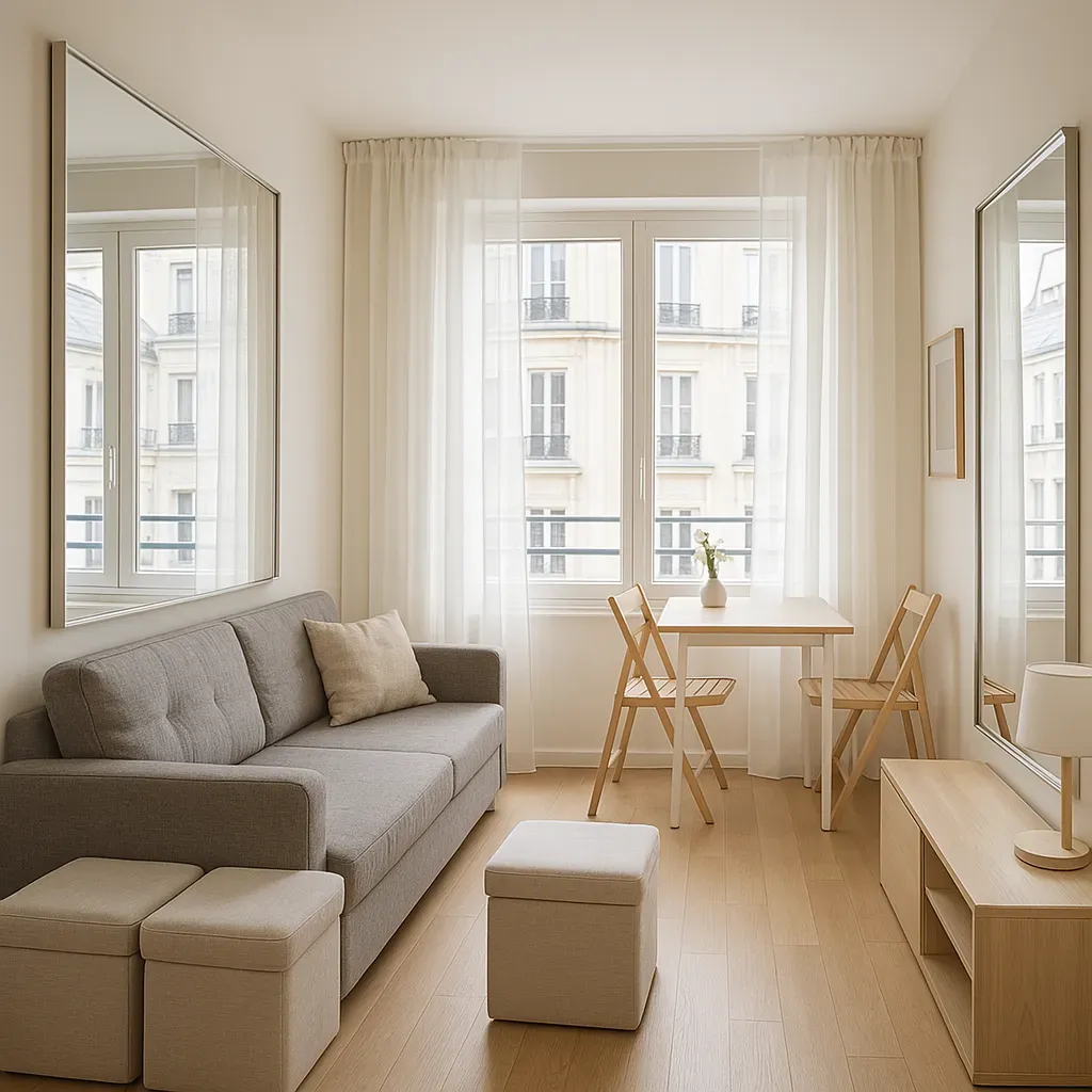 A bright, small city flat with mirrors, sheer curtains, and multi-use furniture, maximizing light and space.