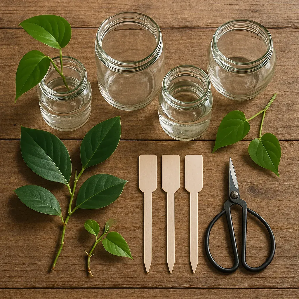 A stylish propagation station with multiple glass vases and healthy plant cuttings arranged on a shelf