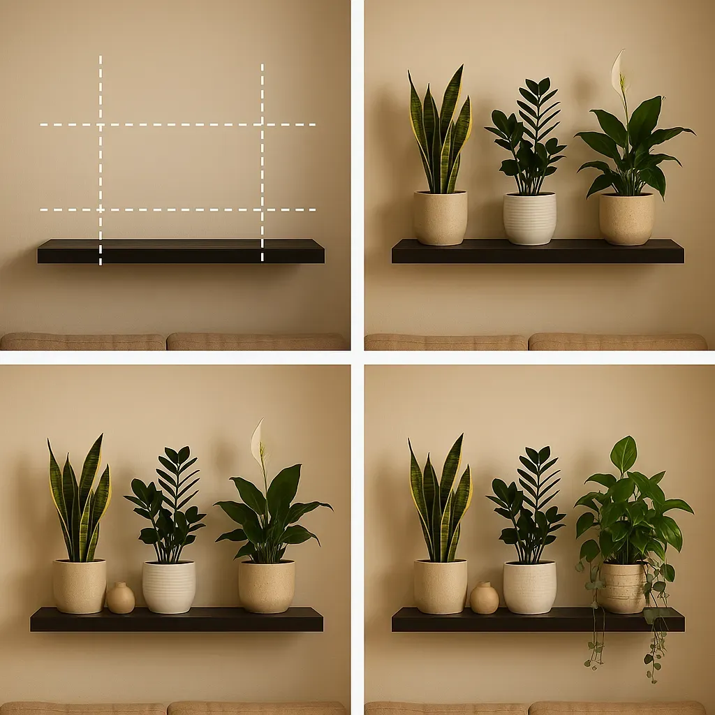 Step-by-step visual guide showing the process of arranging plants and accessories on a shelf, demonstrating the rule of thirds, odd-numbered groupings, and layering for depth