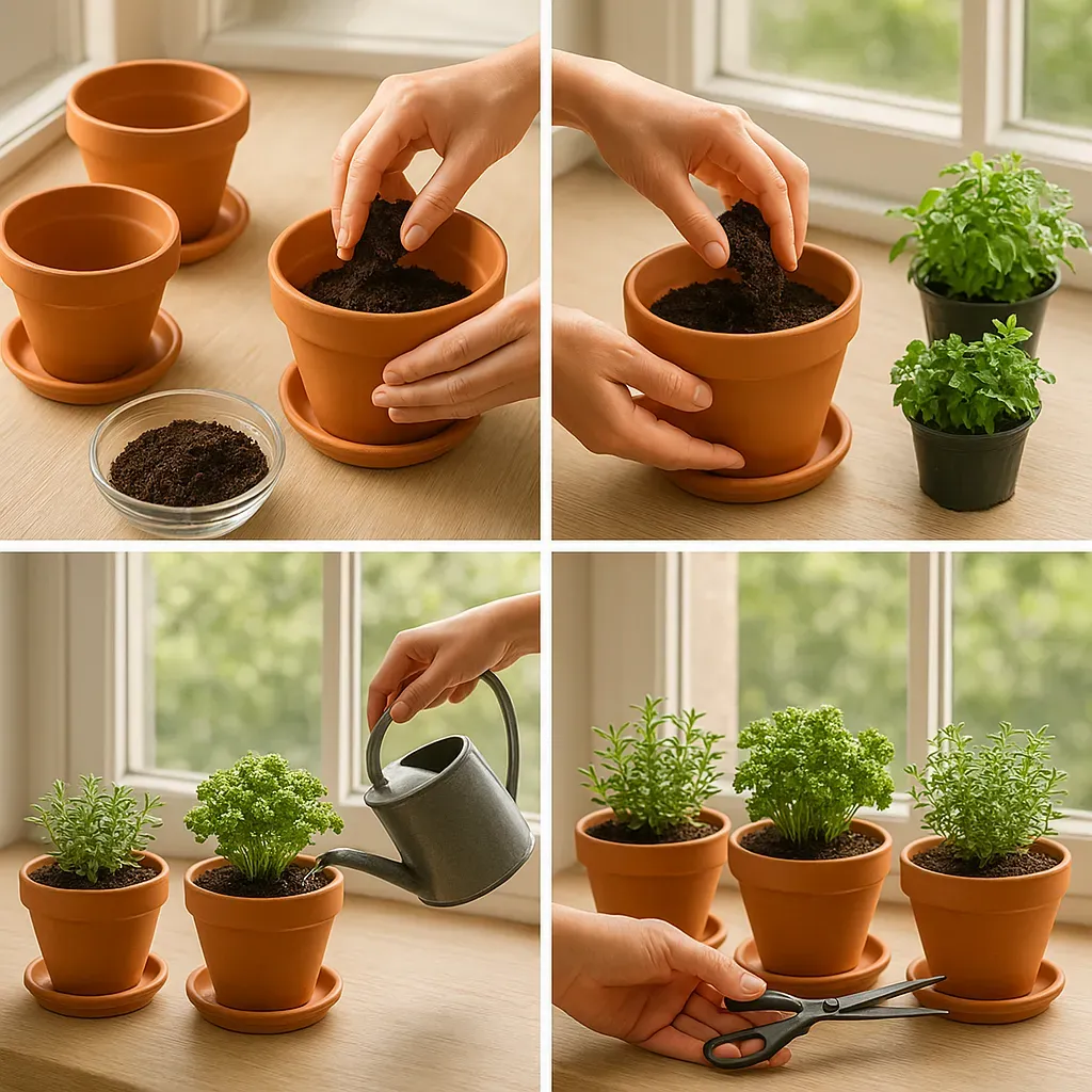 Step-by-step process of potting, watering, and trimming herbs on a windowsill