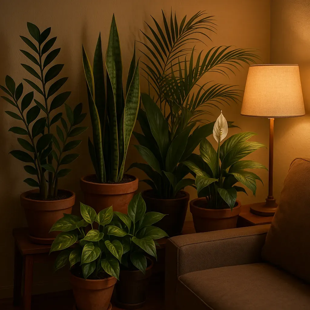 A variety of low-light houseplants (ZZ plant, snake plant, pothos, cast iron plant, peace lily, parlor palm) arranged together in a cozy, dimly lit apartment corner