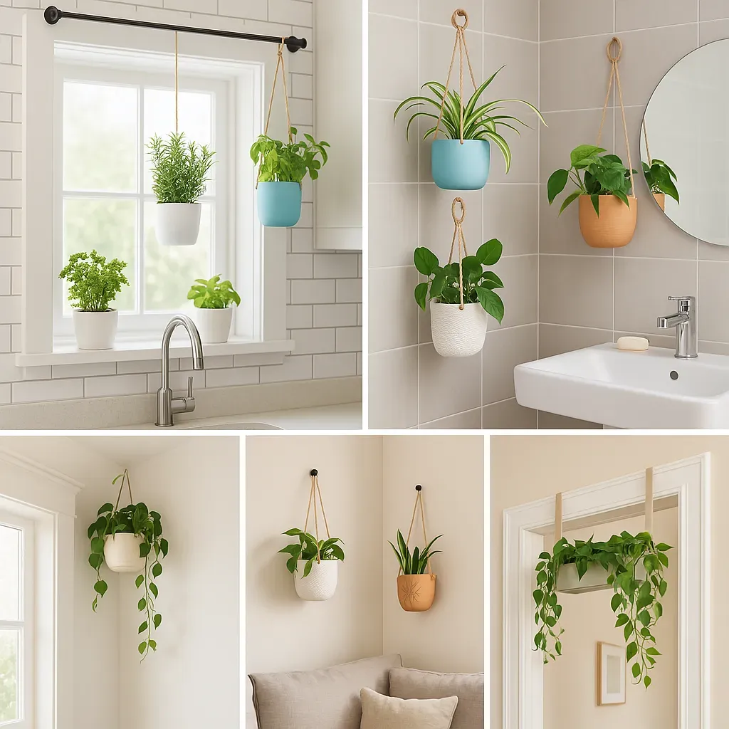 Creative placement ideas for no-drill hanging planters in different rooms: kitchen, bathroom, living room, ceiling corners, and over doors