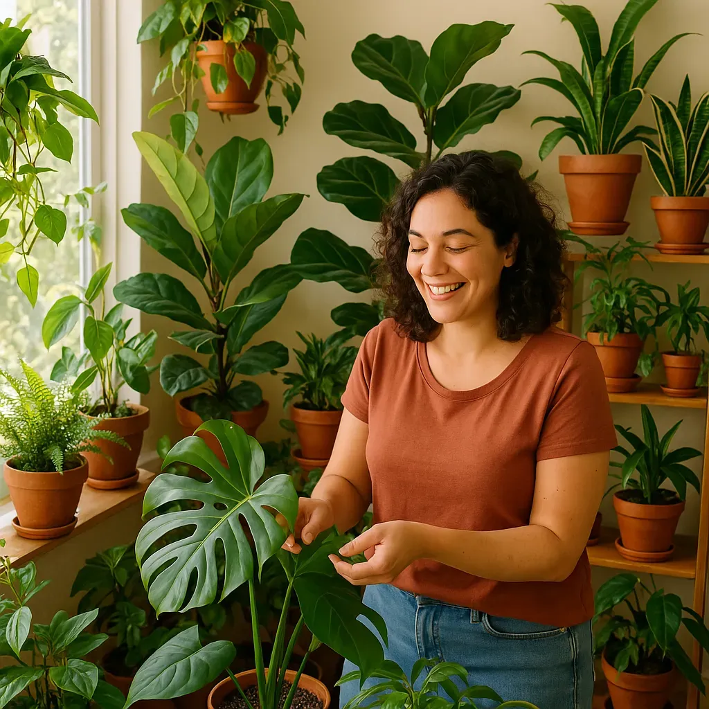 A happy plant parent tending to a thriving indoor plant nook, surrounded by greenery and natural light